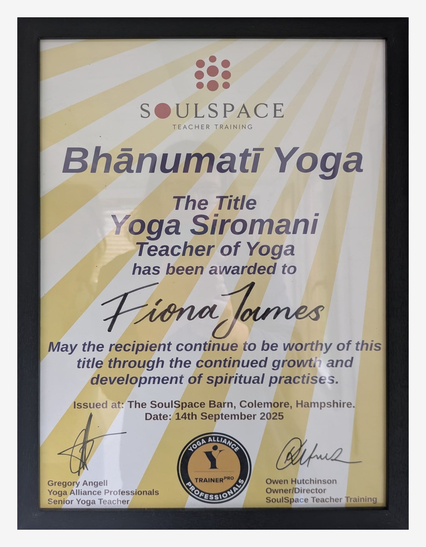 Framed yoga teacher training certificate awarded to Fiona James.